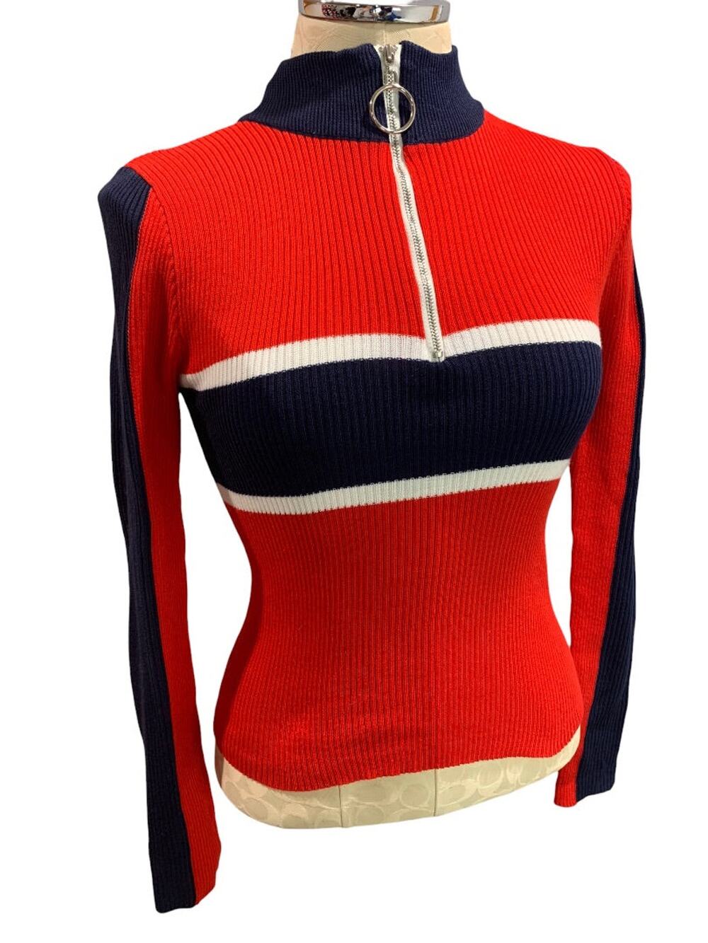 Small Trendy JS Womens Red Fitted 0-Ring Zip Mock Neck Sweater